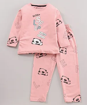 Doreme Cotton Full Sleeves T-Shirt & Pyjama Set Panda and Text Print - Pink