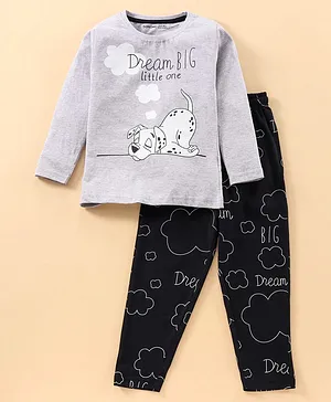 Doreme Cotton Full Sleeves T-Shirt & Pyjama Set Puppy and Text Print - Grey
