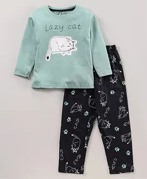 Doreme Cotton Full Sleeves T-Shirt & Pyjama Set Cat and Text Print - Green