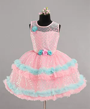 Enfance Sleeveless Sequin Embellished Floral Applique Detail Frill Party Dress - Pink