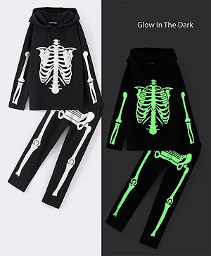 Pine Kids Full Sleeves 100% Cotton Halloween Skeleton Outfit Design Hooded Night Suit - Jet Black