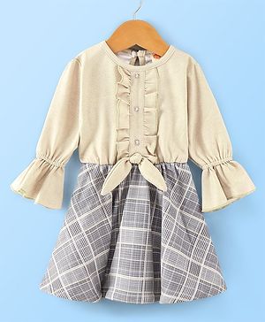 Dew Drops Suede Full Sleeves Winter Frock Checks Print- Beige