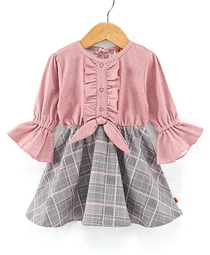 Dew Drops Suede Bell Sleeves Checkered Winter Frock - Peach