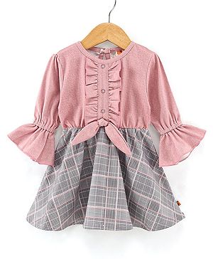 Dew Drops Suede Bell Sleeves Checkered Winter Frock - Peach