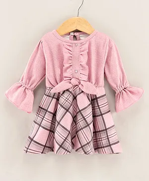 Dew Drops Girl Suede Full Sleeves Winter Frock Checks - Peach