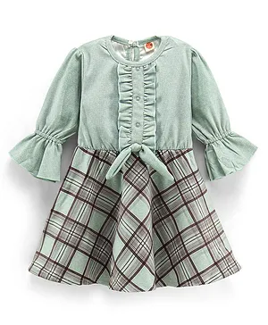 Dew Drops Suede Full Sleeves Checked Winter Frock - Green