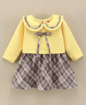 Dew Drops Girl Looper Full Sleeves Checked Winter Frock With Ribbon Applique- Lemon Yellow