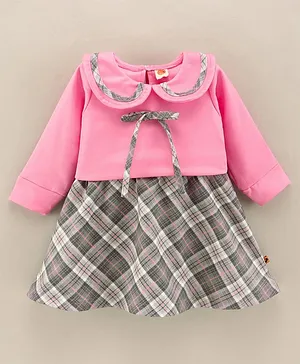 Dew Drops Girl Looper Full Sleeves Checked Winter Frock With Ribbon Applique- Pink