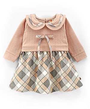 Dew Drops Girl Looper Full Sleeves Checked Winter Frock With Ribbon Applique- Beige