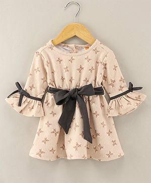 Dew Drops Suede Bell Sleeves Winter Frock Butterfly Print - Beige