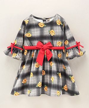 Dew Drops Suede Full Sleeves Winter Frock With Bow Applique Floral Print- Multicolour