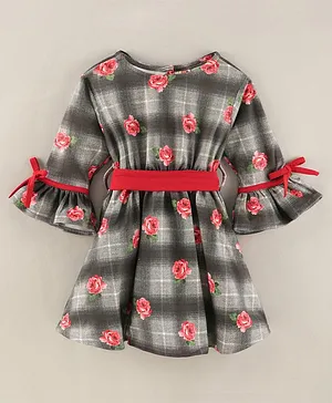 Dew Drops Suede Full Sleeves Checked Winter Frock - Red