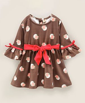 Dew Drops Suede Flutter Sleeves Winter Frock Floral Print- Brown