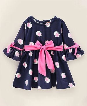 Dew Drops Suede Flutter Sleeves Winter Frock Floral Print- Navy Blue