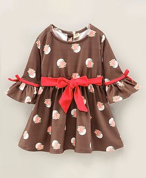 Dew Drops Suede Flutter Sleeves Winter Frock Floral Print- Brown