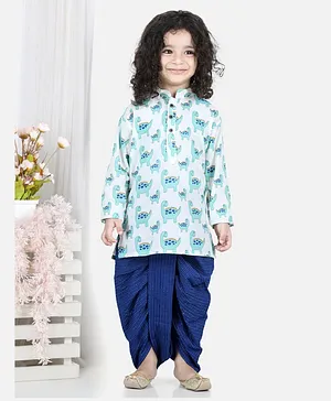 Kinder Kids Full Sleeves All Over Dinosaur Printed Kurta With Seamless Broken Striped Katha Dhoti - Blue