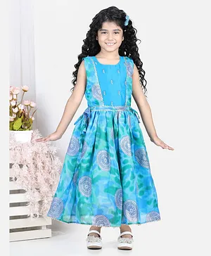 Kinder Kids Sleeveless All Over Motif Printed & Embroidred Yoke Fit & Flare Dress - Blue