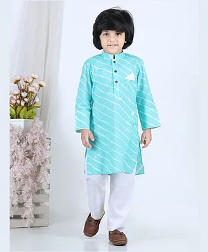 Kinder Kids Full Sleeves Flower Motif Printed Leheriya Kurta With Pyjama - Blue