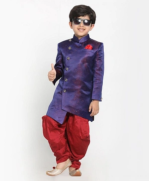 Vastramay Full Sleeves Self Design Asymmetrical Sherwani & Solid Dhoti Set - Blue & Maroon