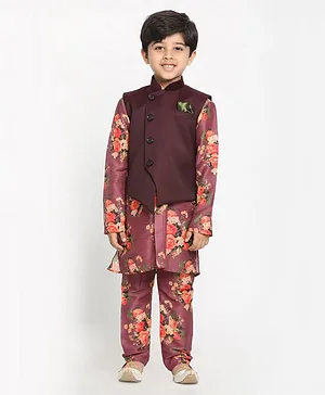 Vastramay Full Sleeves All Over Floral Printed Kurta & Pajama Coordinated Set With Solid Nehru Jacket - Wine Purple