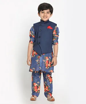 Vastramay Full Sleeves All Over Floral Printed Kurta & Pajama Coordinated Set With Solid Nehru Jacket - Blue