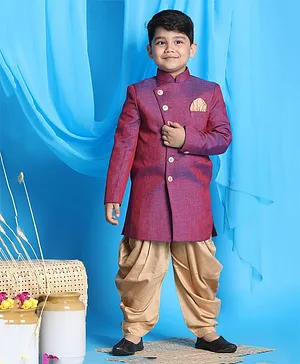 Vastramay Full Sleeves Textured Sherwani With Solid Patiala Set - Purple & Gold