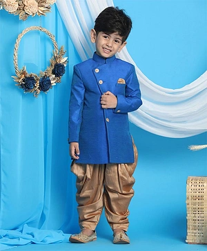 Vastramay Full Sleeves Textured Sherwani With Solid Patiala Set - Blue & Gold