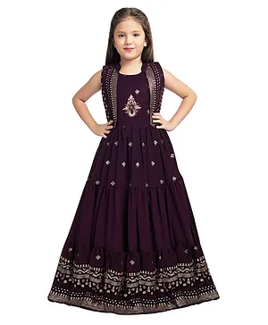 Betty By Tiny Kingdom Sleeveless Floral Sequin Embroidered Party Gown With Sleeveless Floral Embroidered Jacket - Purple