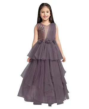 Betty By Tiny Kingdom Sleeveless Floral Applique And Corsage Detail Tiered Party Gown - Purple