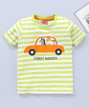Babyhug Cotton Half Sleeves Striped T-Shirt Car Applique - Light Green
