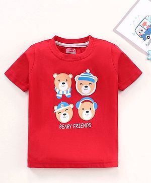 Babyhug Half Sleeves Cotton Jersey Knit Tee Bear Print- Red