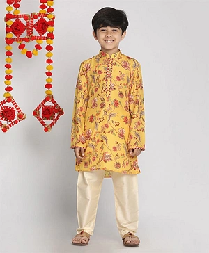 Vastramay Full Sleeves Floral Printed Checked Kurta - Yellow
