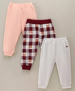 Doodle Poodle Cotton Full Length Checked & Solid  Lounge Pants Pack of 3 - Peach Maroon Grey