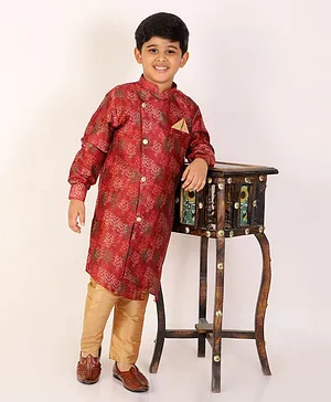 P-MARK Full Sleeves Floral Motif Self Design Kurta & Pyjama Set - Maroon
