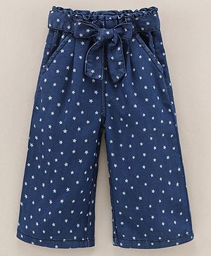 Babyhug Culottes With Fabric Belt Stars Print - Dark Blue