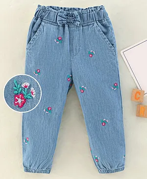 Babyhug Denim Full Length Jeans Floral Embroidered  - Blue