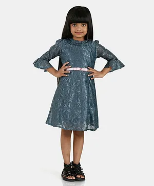 Peppermint Three Fourth Bell Sleeves Floral Embroidered Embellished Dress - Grey