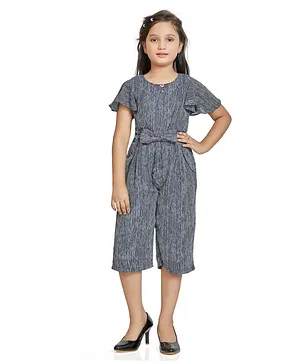 Peppermint Half Flutter Sleeves Bow Detail Striped Jumpsuit - Navy Blue