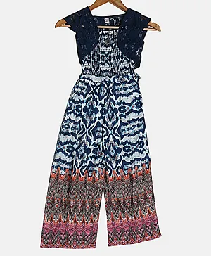 Peppermint Sleeveless Abstract Design Jumpsuit With Cap Sleeves Lace Jacket -Teal Blue