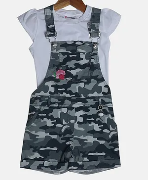 Peppermint Cap Sleeves Solid Top With Camouflage Printed Dungaree Set - Grey