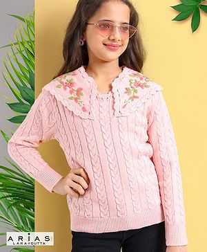 Arias Cable Knit Full Sleeve Pullover with Hand Embroidered Collar - Pink