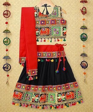 Banjara India Navratri Theme Sleeveless Kutchi Embroidered Choli & Lehenga With Dupatta - Black & Multi Color