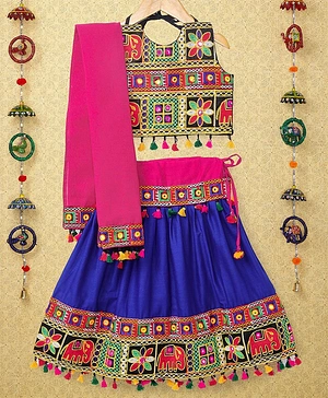 Banjara India Navratri Theme Sleeveless Kutchi Embroidered Choli & Lehenga With Dupatta - Blue & Multi Color