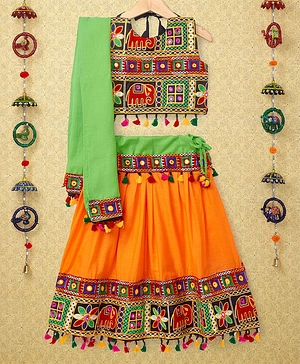 Banjara India Navratri Theme Sleeveless Kutchi Embroidered Choli & Lehenga With Dupatta - Orange & Multi Color