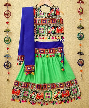 Banjara India Navratri Theme Sleeveless Kutchi Embroidered Choli & Lehenga With Dupatta - Green & Multi Color