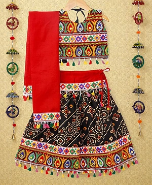 Banjara India Navratri Theme Sleeveless Kutchi Embroidered Choli & Bandhani Lehenga With Dupatta - Black & Multi Color