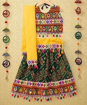 Banjara India Navratri Theme Sleeveless Kutchi Embroidered Choli & Bandhani Lehenga With Dupatta - Green & Multi Color
