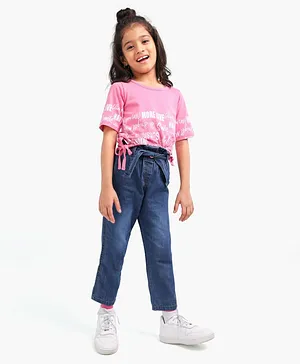 Ollington St. Half Sleeves Top with Text Print and Paperbag Denim Lycra Pants - Pink Indigo