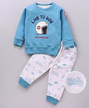 Ollypop Cotton Full Sleeves Winter Wear Suit Helmet Print - Blue Grey