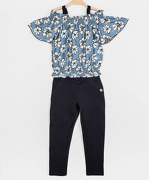 Peppermint Cold Shoulder Sleeves Floral Print Top With Jeggings - Blue
